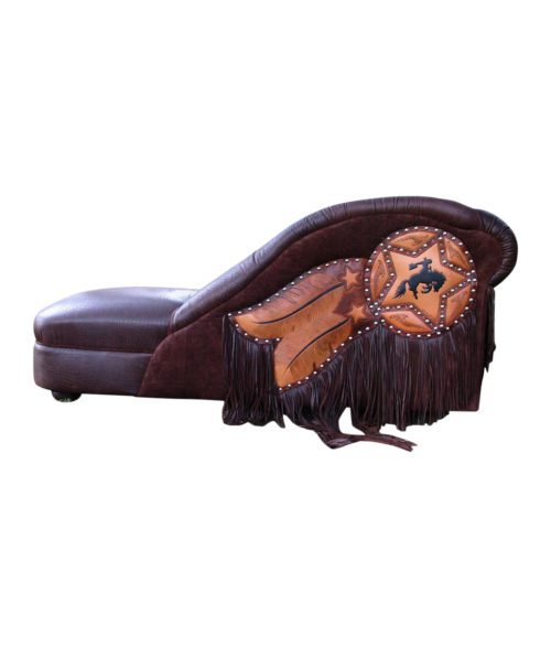 tooled leather chaise lounge with bronco star and feather design