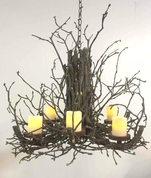Twig chandelier with battery operated pillar candles, non electric branch chandelier