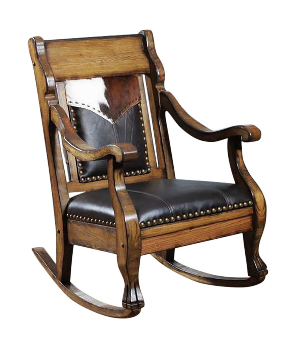 Western Style Rocking Chair With Cowhide Yoke Leather Seat And Back
