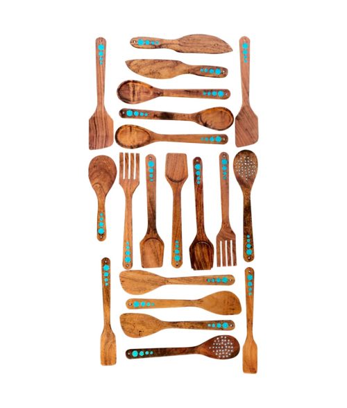 wood spoons and cooking utensils with turquoise inlay - group