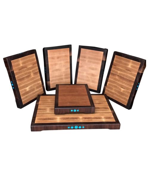end grain wood cutting boards with turquoise inlay and walnut border