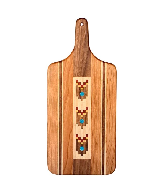 wood marquetry serving board with handle in cherry with turquoise inlay