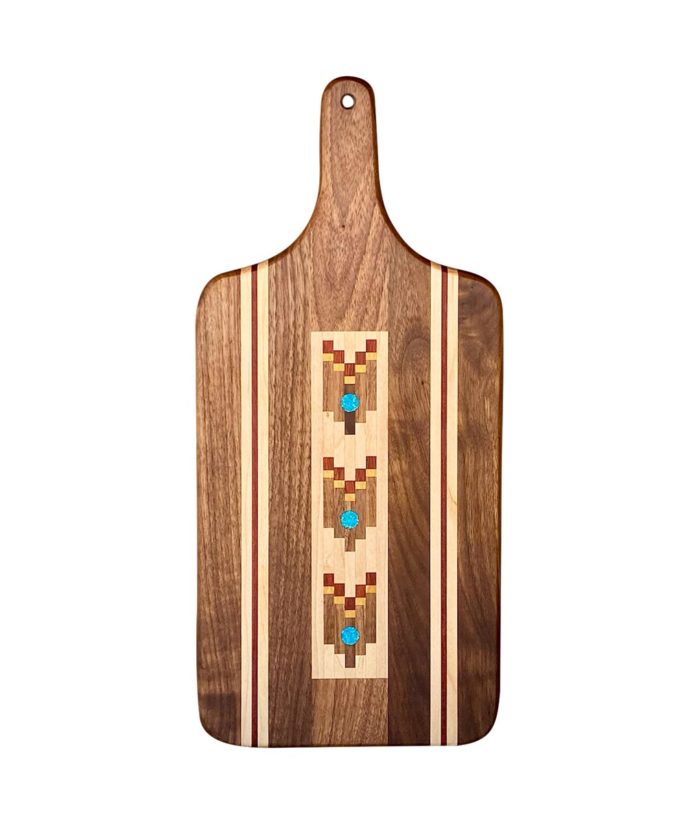 wood marquetry serving board with handle in walnut with turquoise inlay