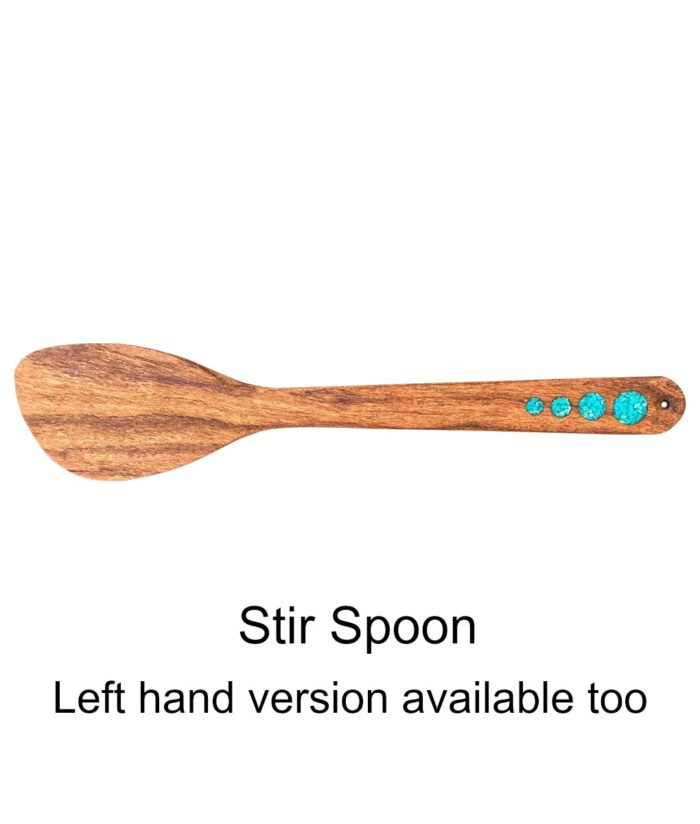 Wood angled stir spoon with turquoise inlay for left or right hand