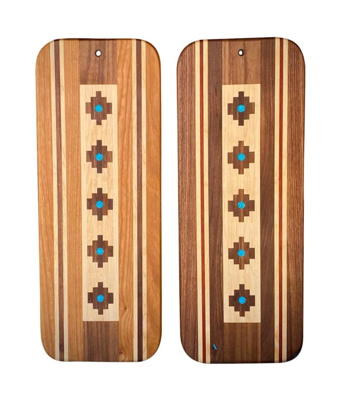 rectangle wood marquetry cutting boards with turquoise inlay in cherry (left) and walnut (right)