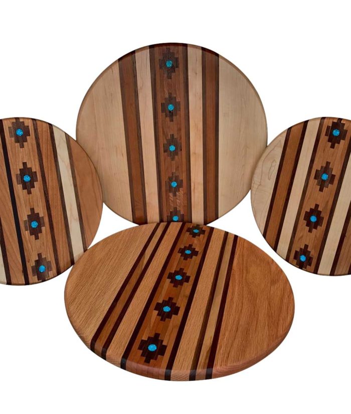 Wood marquetry lazy susans with turquoise inlay
