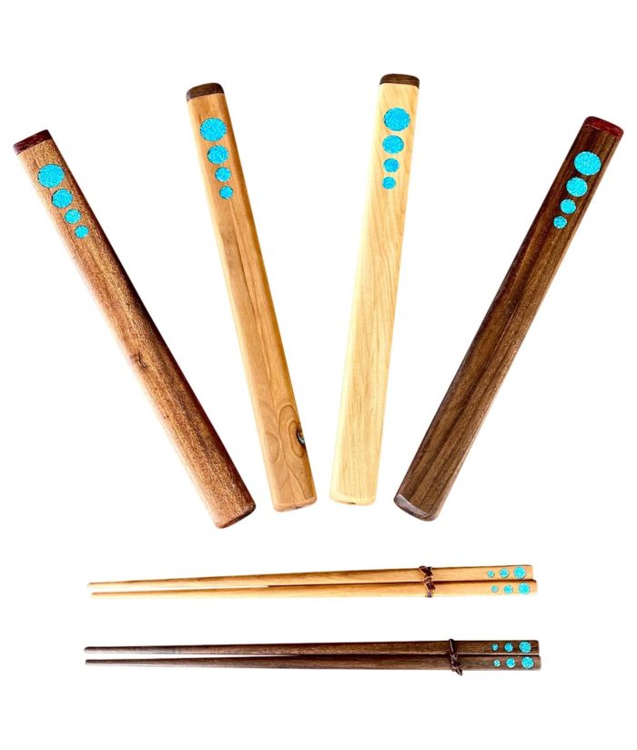 wood chopsticks with turquoise inlay and decorative box