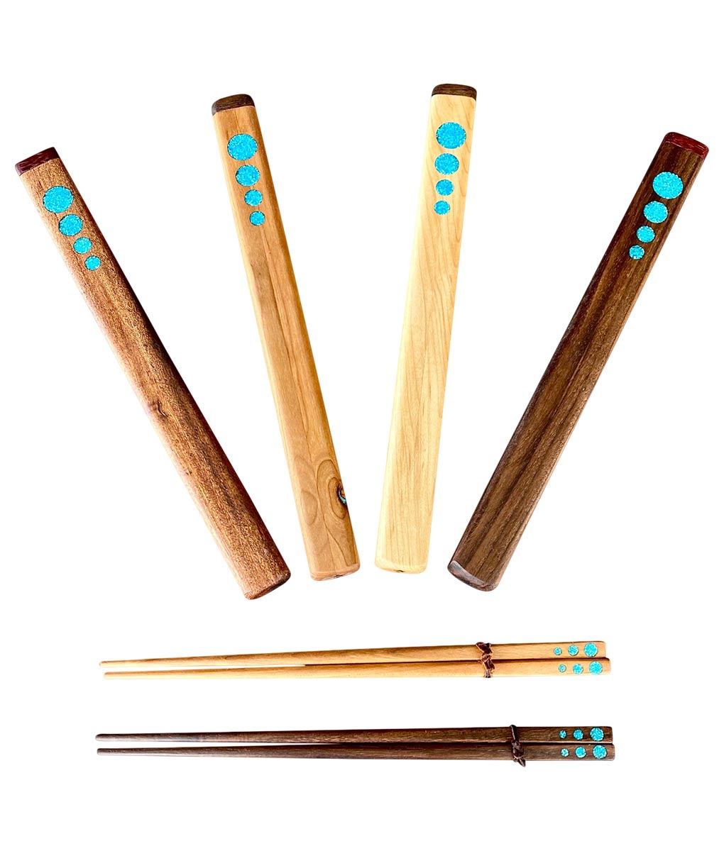 Wood Chop Sticks and Box with Inlaid Turquoise