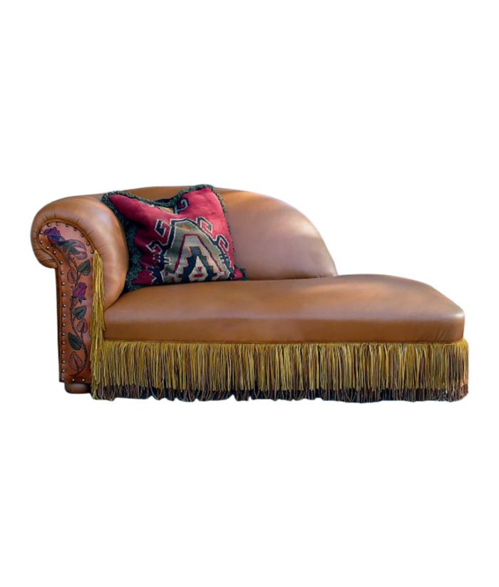 Rosebud tooled leather chaise lounge with flowers and fringe