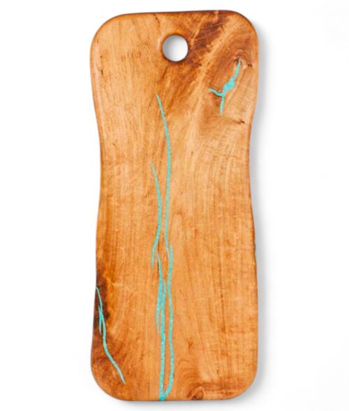 mesquite cutting board with turquoise inlay wavy edge