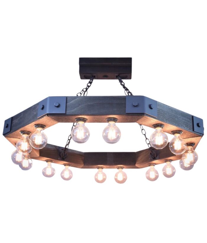 Octagon wood beam chandelier with Edison bulbs