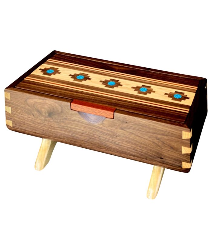 wood marquetry keepsake box with turquoise inlay