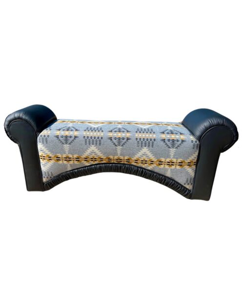 black leather and gray pendleton bench