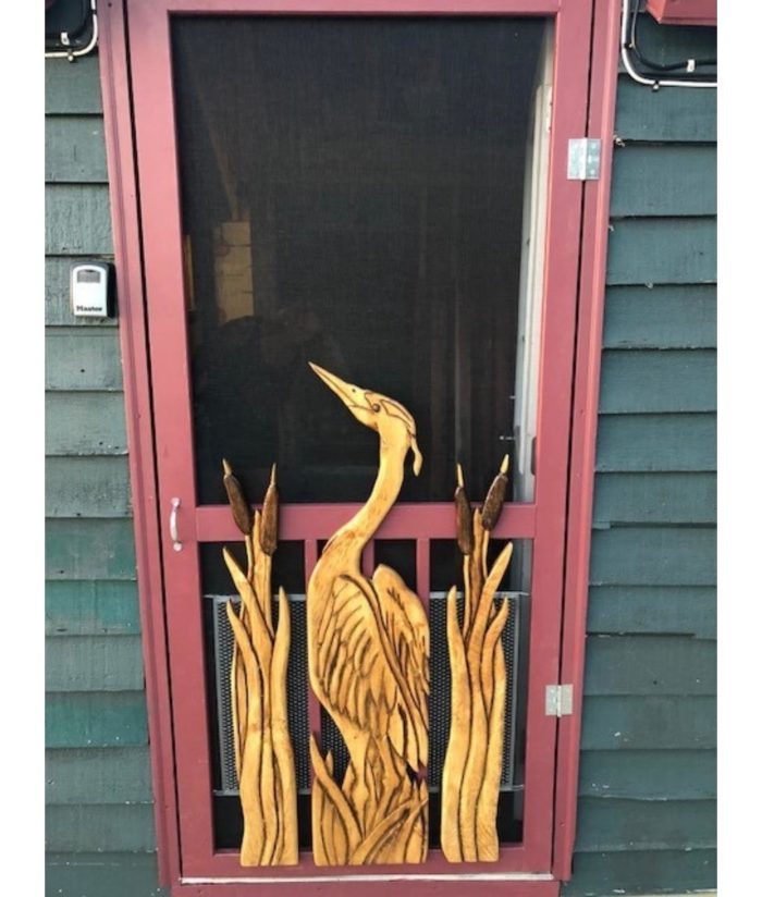 carved heron and cattails screen door panels (2)