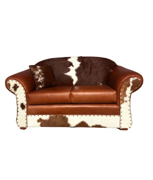 cowhide and leather love seat front
