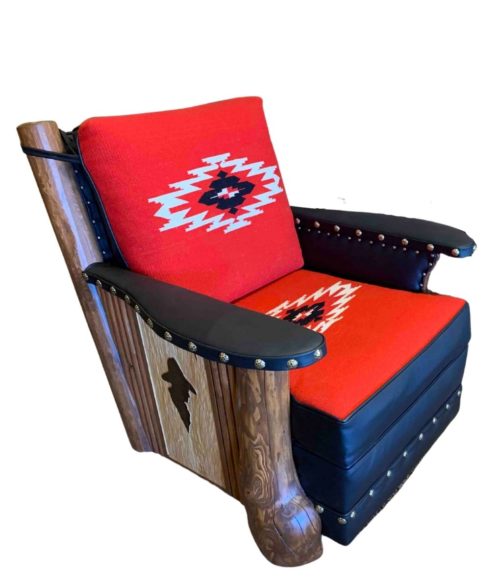 Molesworth red and black club chair with cowboy profile carving