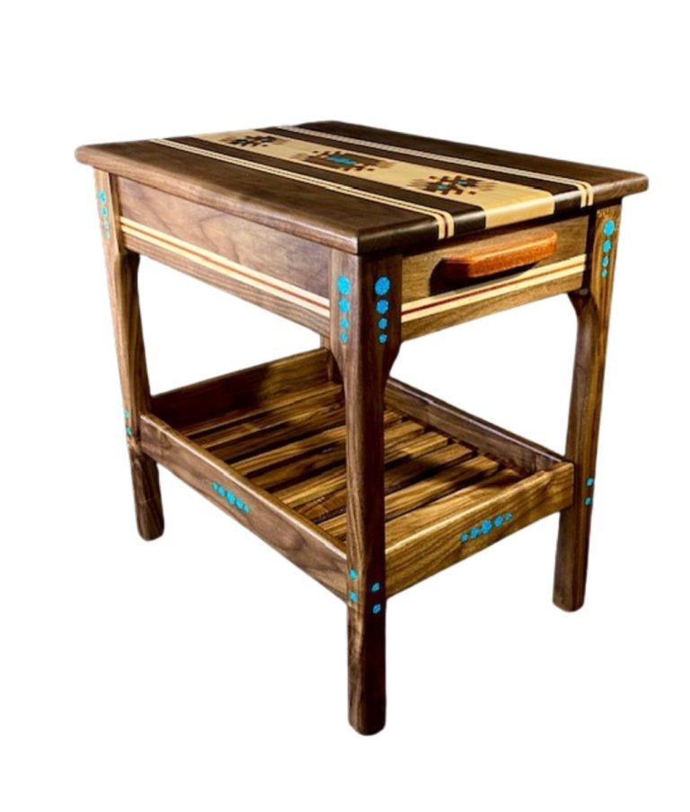 Turquoise Inlay Wood Marquetry End Table with Drawer and Shelf