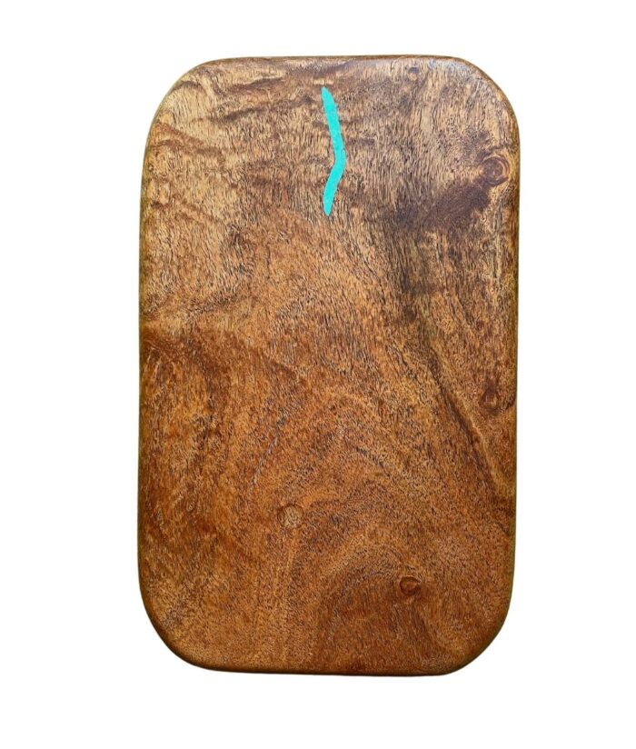 small wood cutting board with turquoise inlay