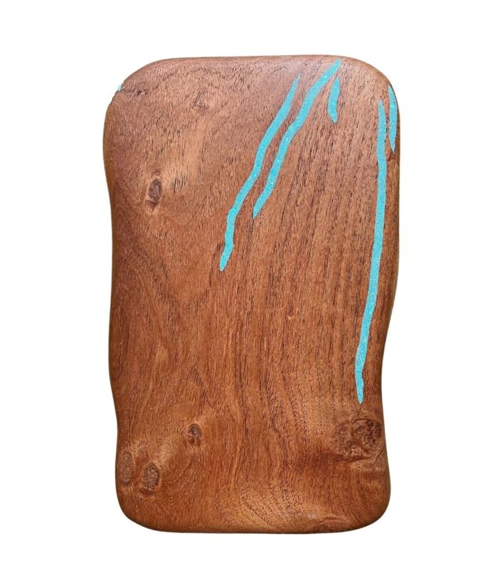 wood cutting board with turquoise inlay