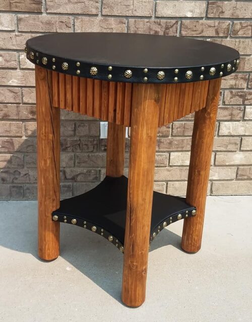 Molesworth leather top round end table with shelf