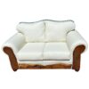 white leather pillowback love seat with curved top and decorative tacks.