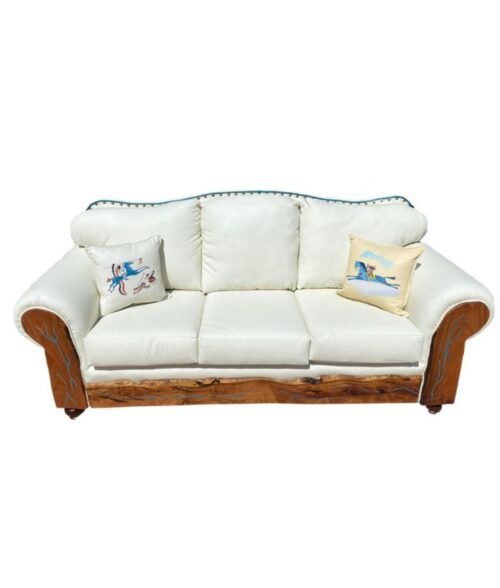 pillow back leather sofa with contrast welt, turquoise inlay mesquite