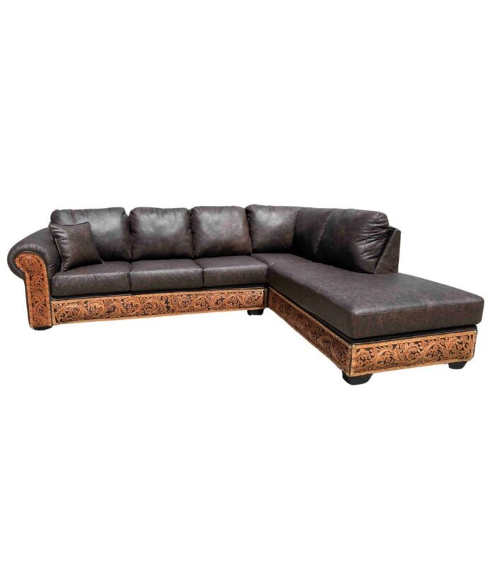 sectional with square corner and pillow back cushions and tooled arms and kick plate