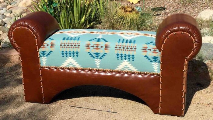 Brown leather and Rancho Arroyo aqua Pendleton bench