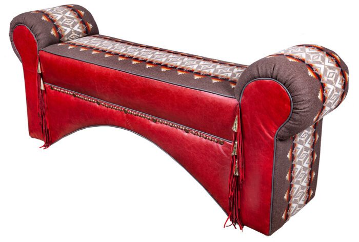 red leather bench with brown Pendleton fringe and beads curved bottom