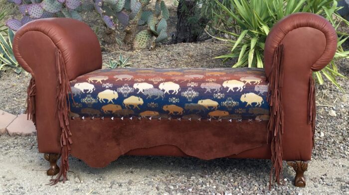 brown leather bench with buffalo pattern Pendleton and suede skirt