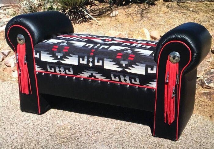 black and red Pendleton bench black leather red welt and fringe conchos