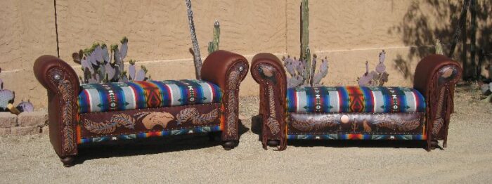 pair of tooled leather benches with blue and gray Pendleton