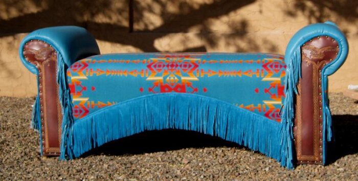 Southwest style bench with Pendleton seat, tooled arms and fringe