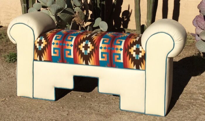 Pendleton bench with cream leather and turquoise welt