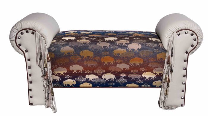 Ivory leather bench with buffalo print Pendleton, beaded fringe and square tacks