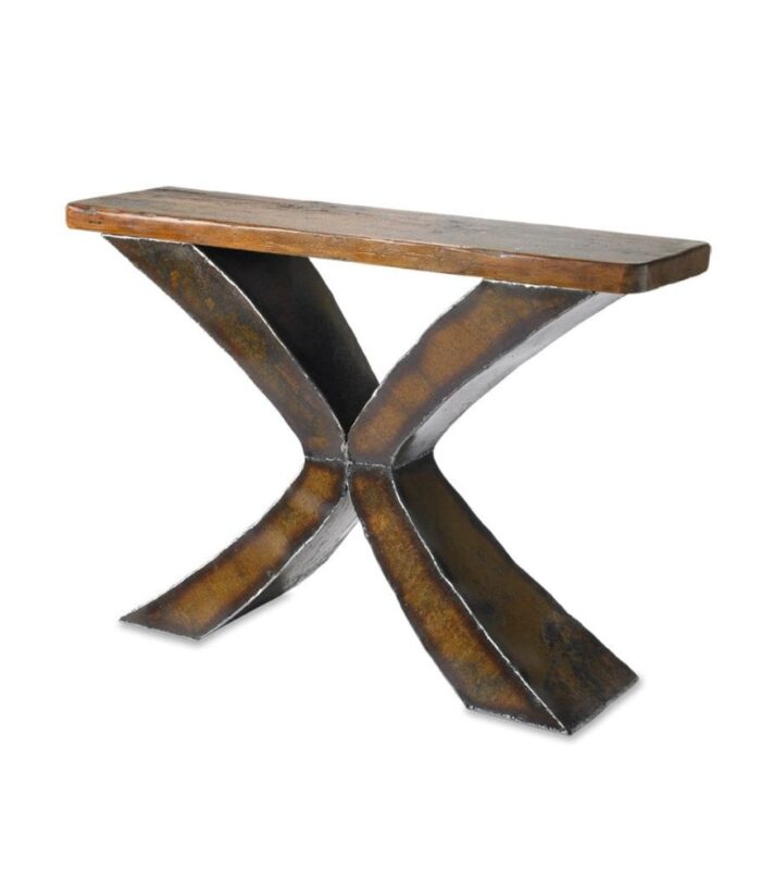 X metal base wood top console table