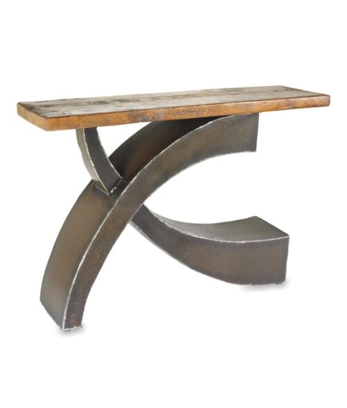 counterbalance metal base wood top console table